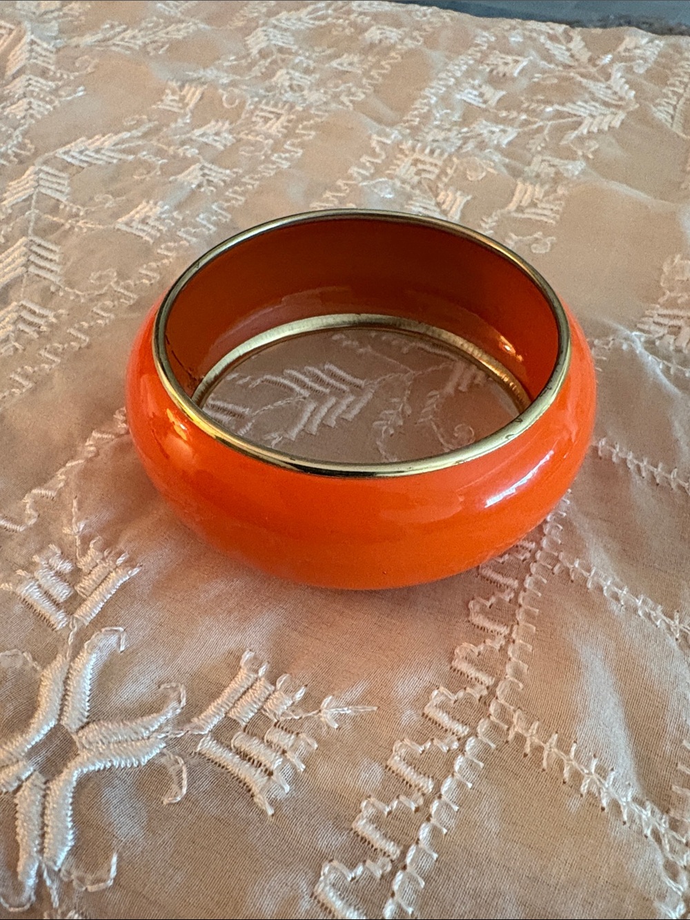 0184) Vintage Vibrant Orange Enamel Bangle with Gold Trim